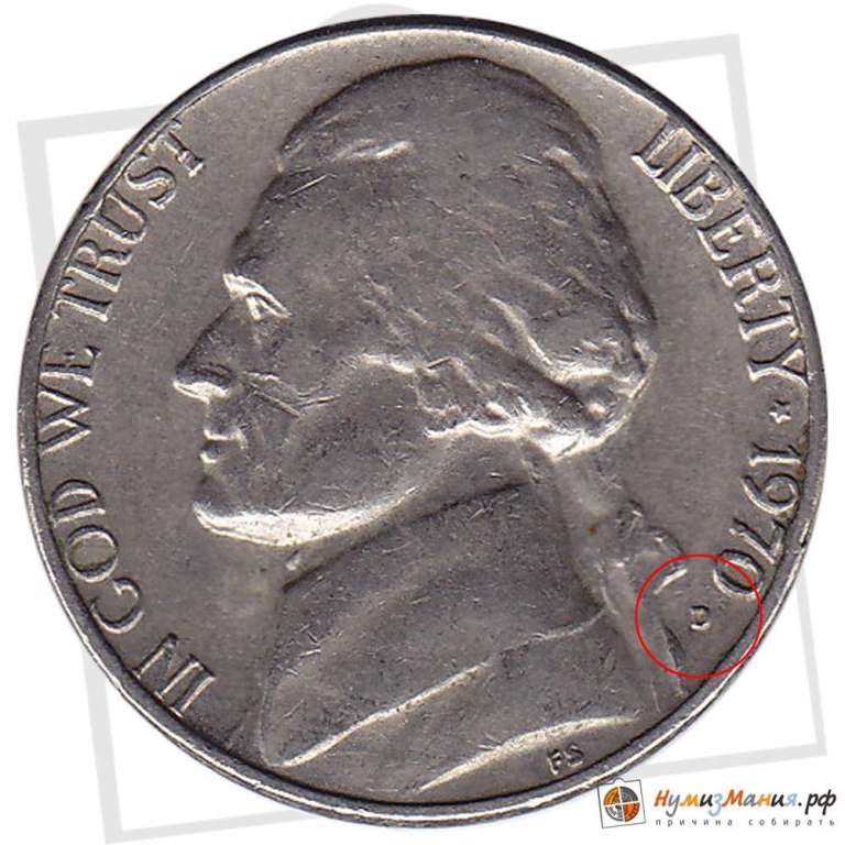 (1970d) Монета США 1970 год 5 центов   Томас Джефферсон Медь-Никель  VF